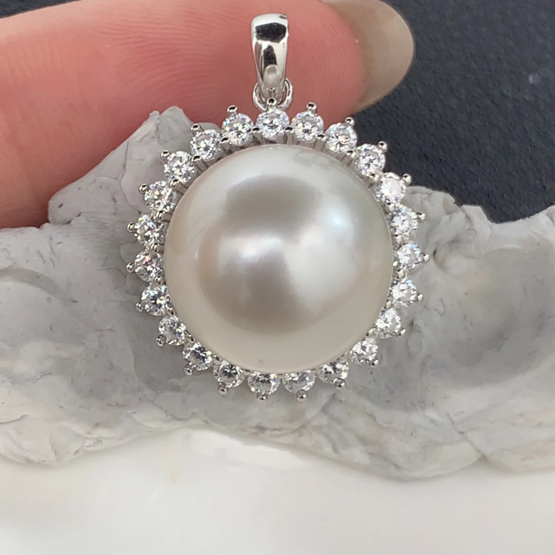 定制海水珍珠吊坠(不含链)银S925镶嵌13-14mm澳白裸珠一颗