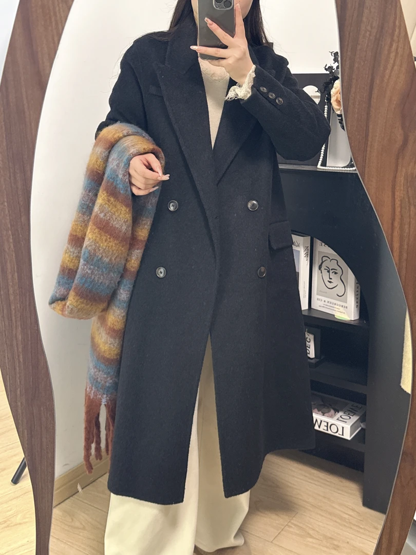 【四扣】双面羊毛大衣秋冬新中长款西装领双排扣宽松韩版毛呢外套
