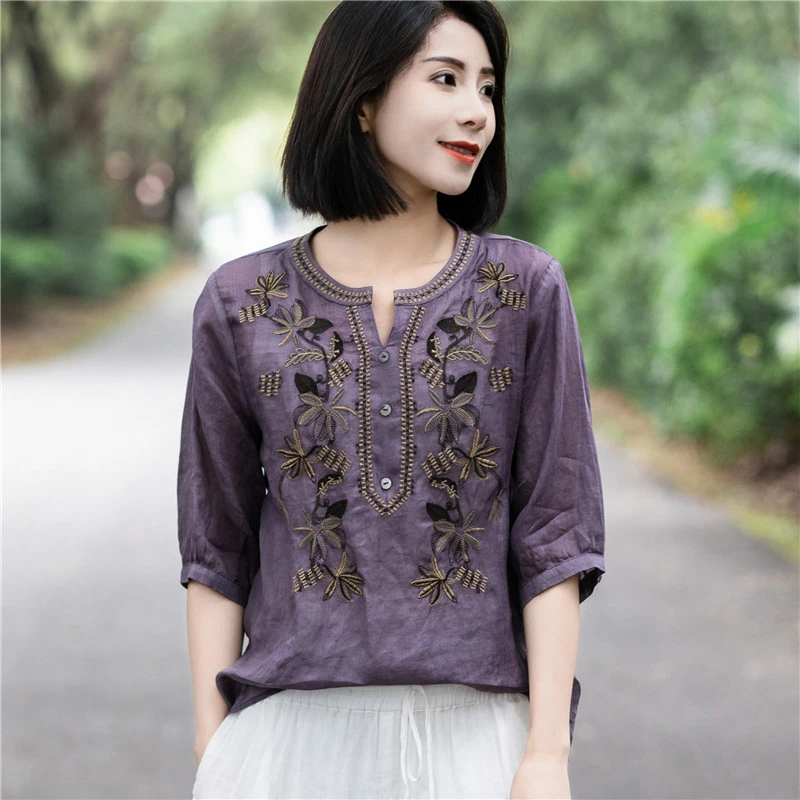 【当天发+退换包邮】棉麻刺绣T恤女装文艺宽松显瘦衬衫透气上衣451