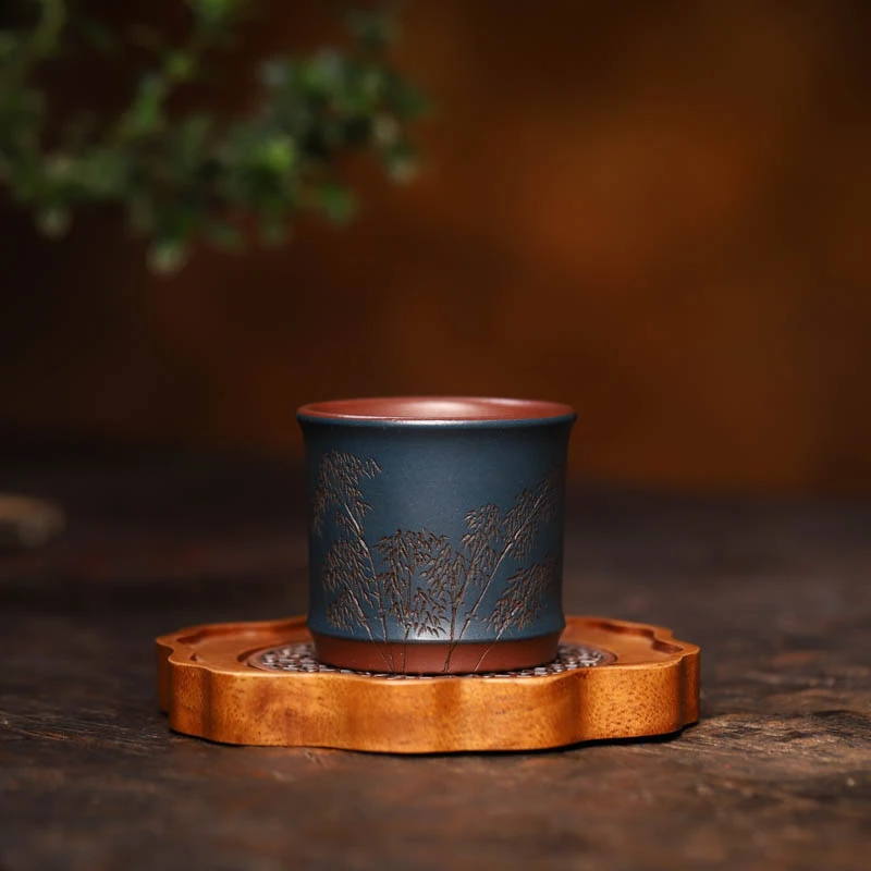 宜兴紫砂 |  蜀垚经典粉浆  竹影刻绘紫砂主人杯