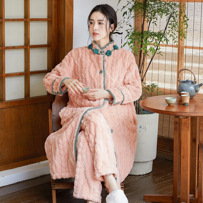 新中式国风秋冬提花绒睡衣女长款加绒加厚家居服保暖可外穿睡衣