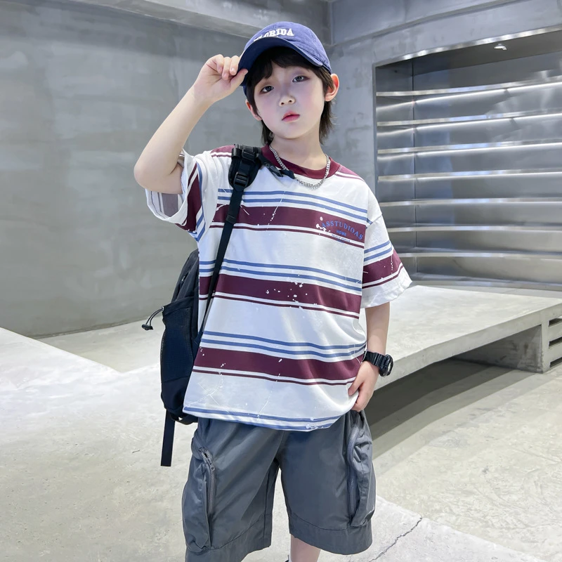 男大童夏季条纹泼墨短袖T恤2025新款青少年夏日宽松冰感上衣