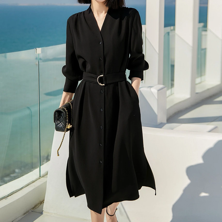 三醋酸小黑裙 气质高端连衣裙 2025春夏季女装新款中长款黑色裙子