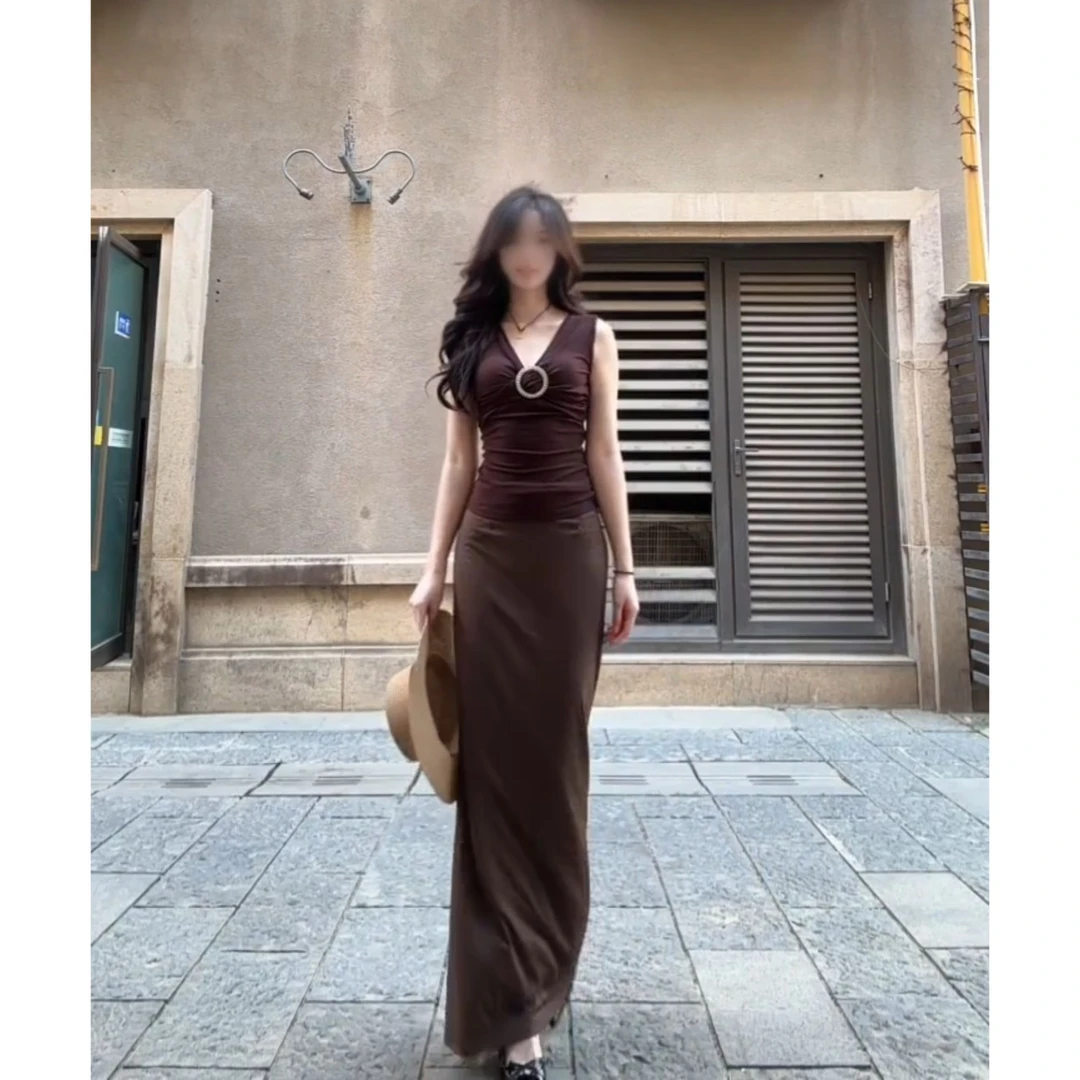 纯欲风美拉德复古性感辣妹V领吊带背心女棕色开叉包臀裙套装