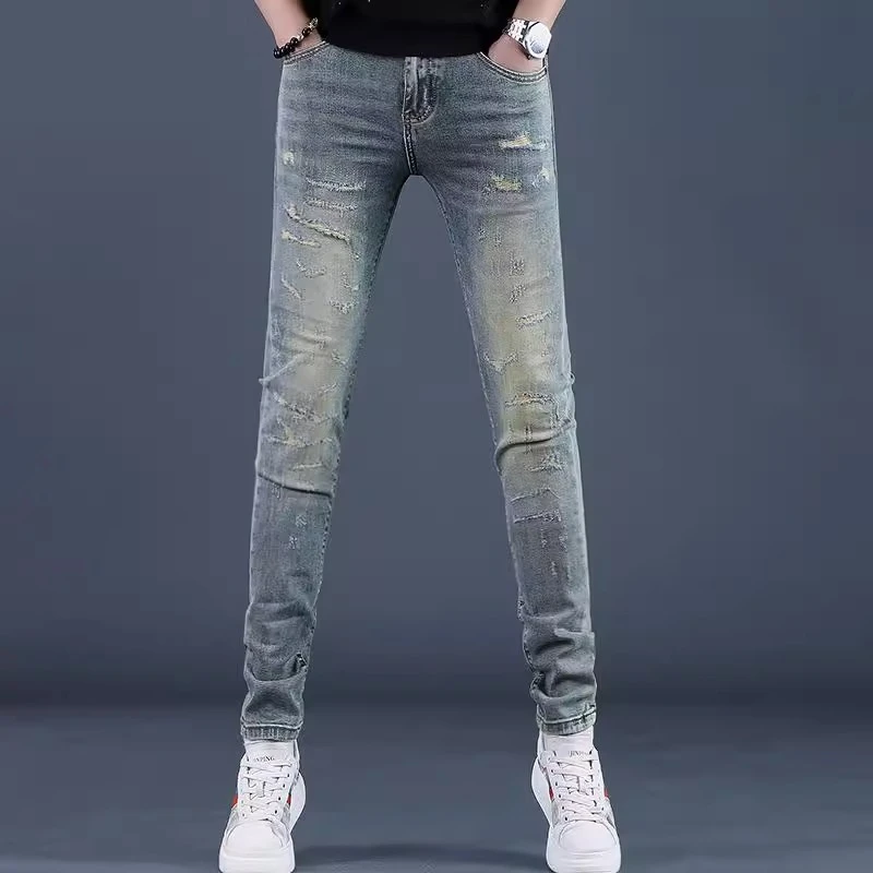 JJ春夏季高端新款百搭破洞蓝色牛仔裤男士修身休闲潮牌紧身小脚裤