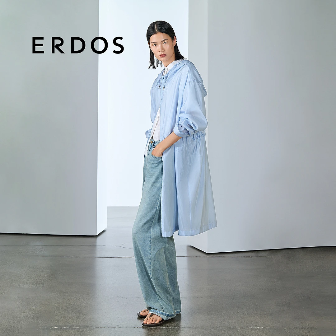ERDOS 蓝色真丝连帽中长款外套女【流光花语】25年春夏新品