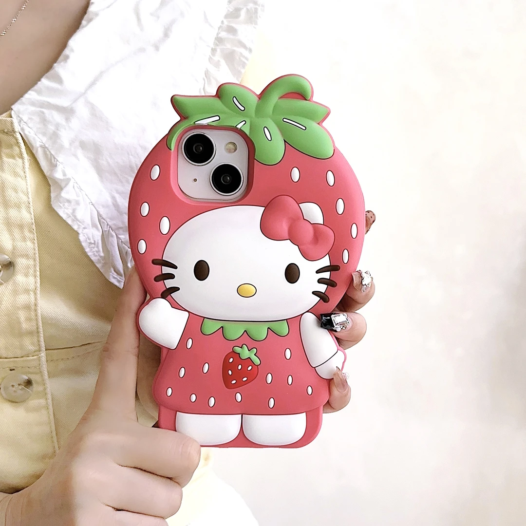 ins立体草莓kitty适用iPhone16手机壳全包苹果15硅胶软壳13防摔壳