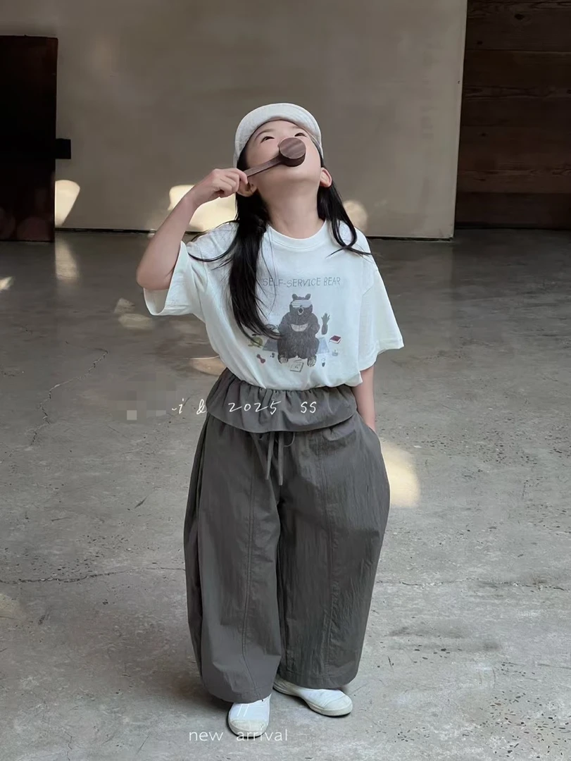 2025夏款  小熊短袖 灰绿色荷叶边休闲裤 90-140