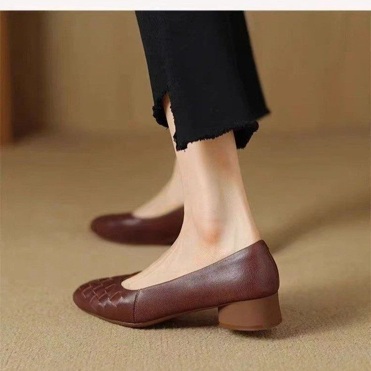 【万象城撤柜】复古粗跟单鞋女2024年秋季新款时尚编织方头浅口一脚