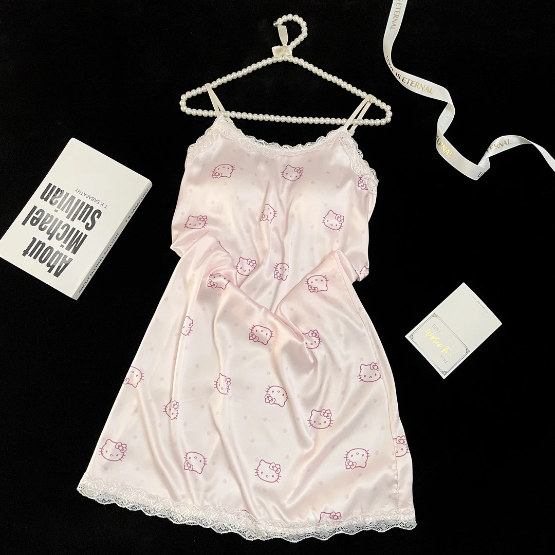 HelloKitty睡衣女款2025新款夏季冰丝吊带睡裙带胸垫性感蕾丝裙子