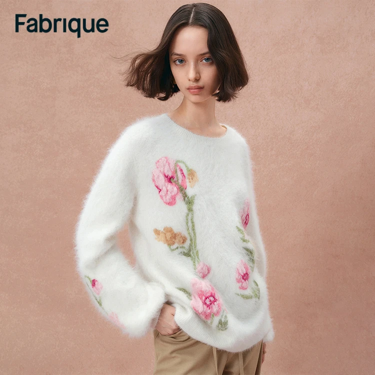 【达人专享】Fabrique 【初雪虞美人】空气层提花刺绣羊驼毛针织毛衣