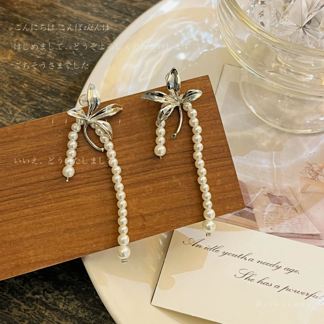 铜合金仿珍珠耳饰 【摇曳生姿】超仙花朵长款流苏耳环气质仙女耳饰