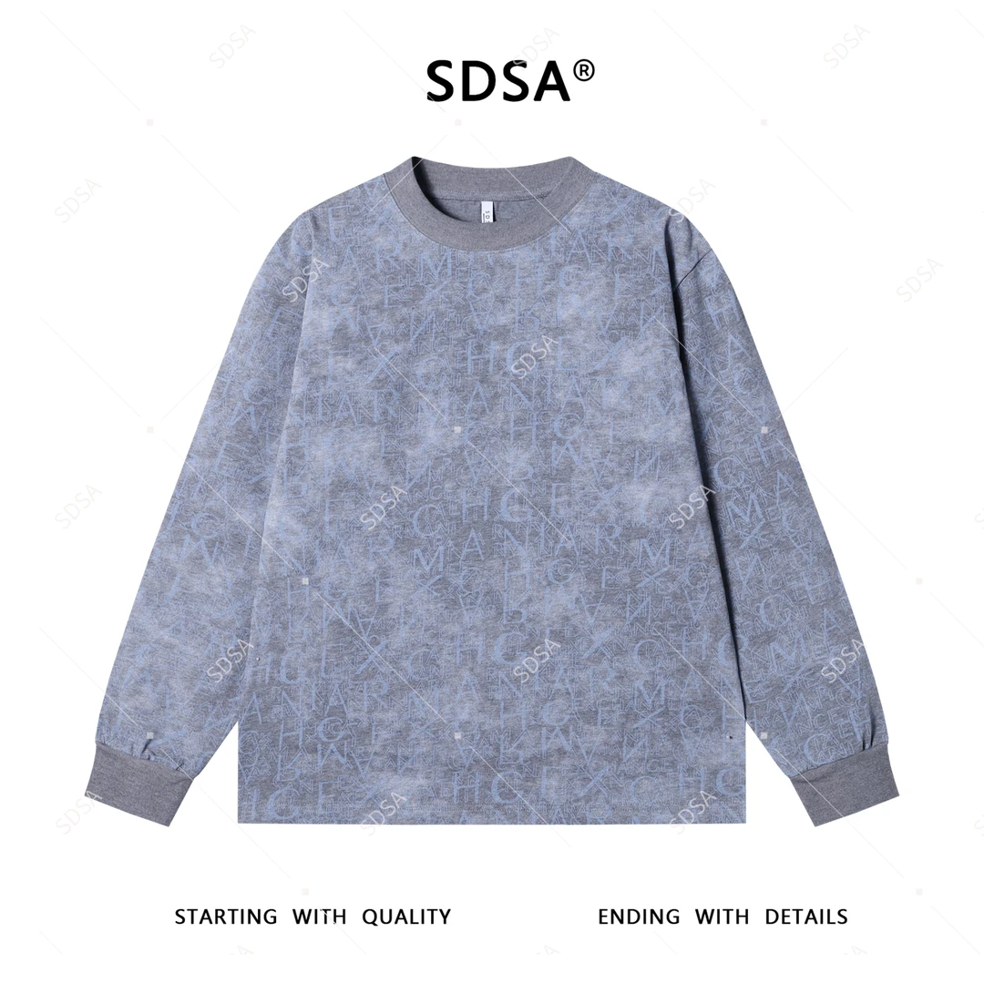 SDSA男士秋冬新款轻奢痞帅男装美式满印字母圆领长袖T恤