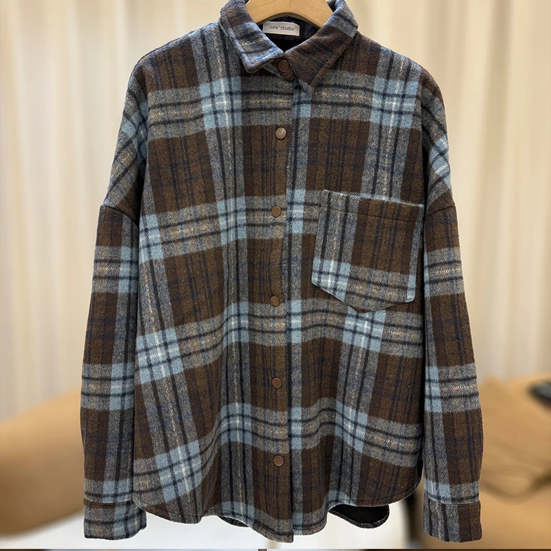 zaw大码女装格子毛呢衬衫女设计感小众秋冬胖mm上衣显瘦遮肉25496