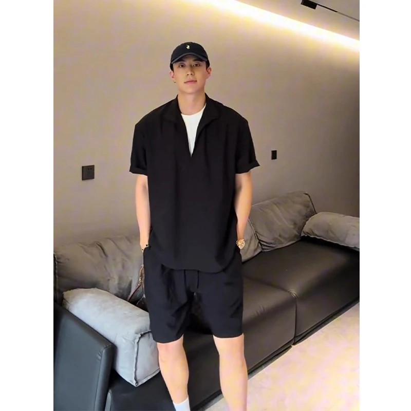 老钱风莱塞尔天丝短袖短裤套装男士夏季轻熟风高级感穿搭亚麻衬衫