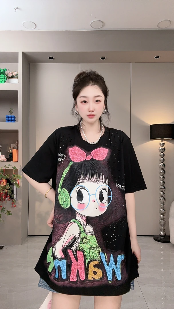 冰感雪花棉夏季薄款大版潮流正肩显瘦T恤宽松中甜美可爱风格衣服