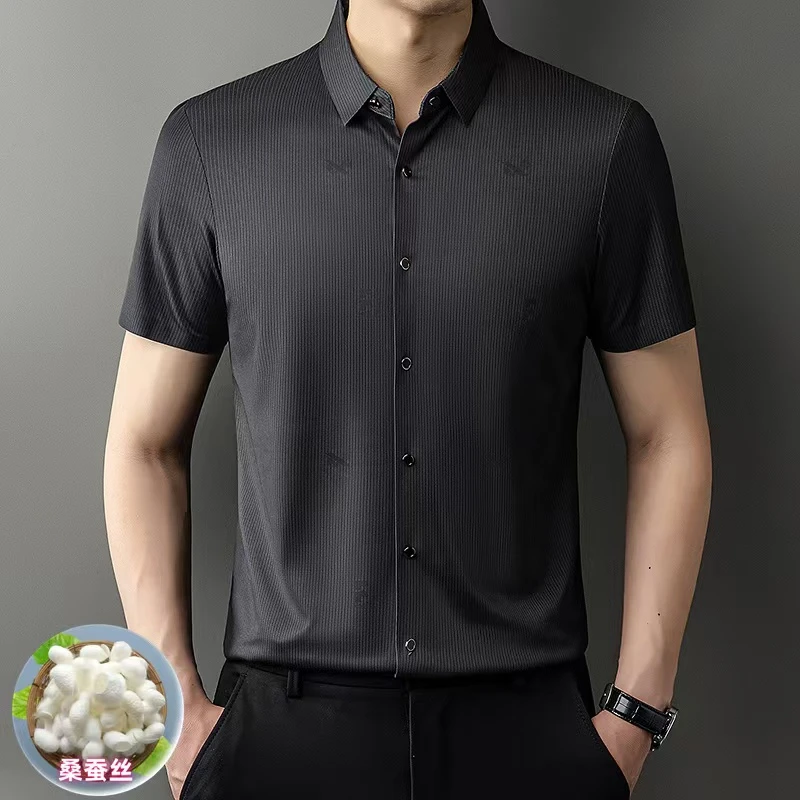 桑蚕丝【保罗恺帝龙】夏季新款纯色男士高档商务衬衫短袖休闲薄款