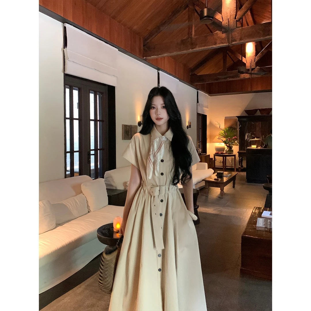 ICELOLLY巨好看小众短袖收腰风衣连衣裙女初秋特别漂亮掐腰裙子夏