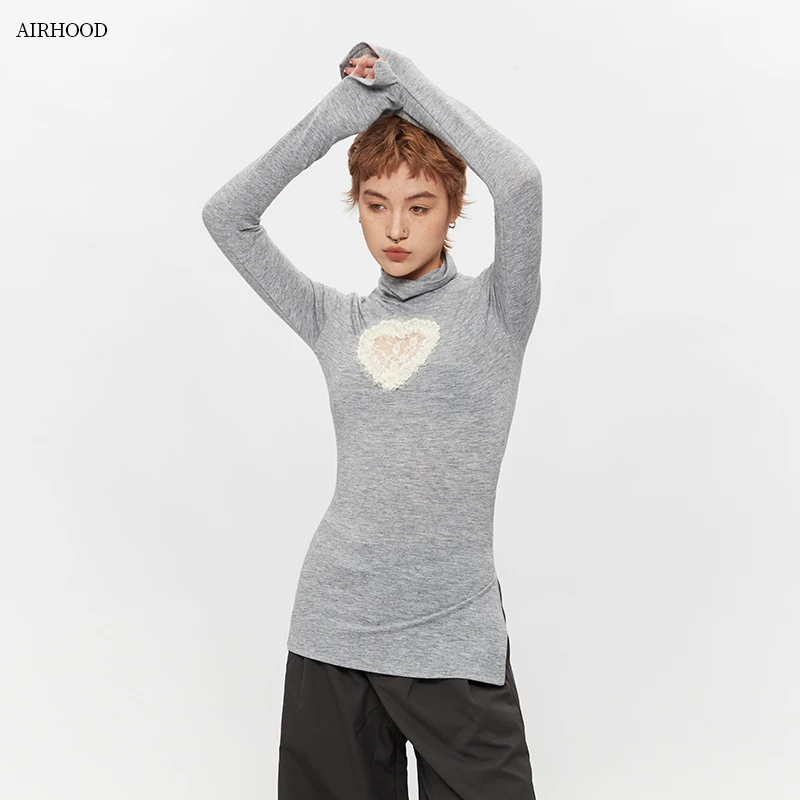 AIRHOOD 高街辣妹蕾丝爱心镂空长袖T恤女潮春秋季辣妹上衣N5332