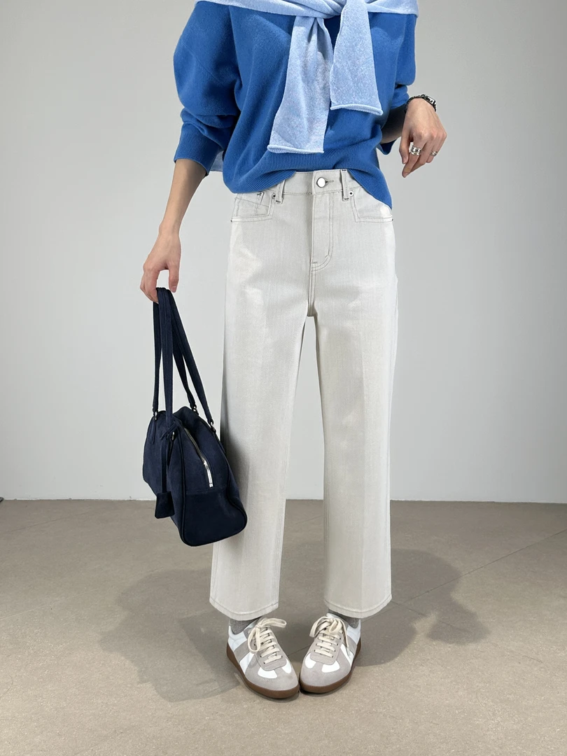 巴布68627直筒牛仔裤女秋季新款阔腿裤Kabodo高腰白色九分蛋卷裤