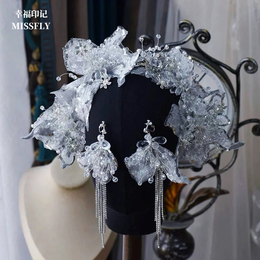 银灰色蕾丝秀禾头饰银白色婚纱发饰手工串珠新中式发箍皇冠头饰