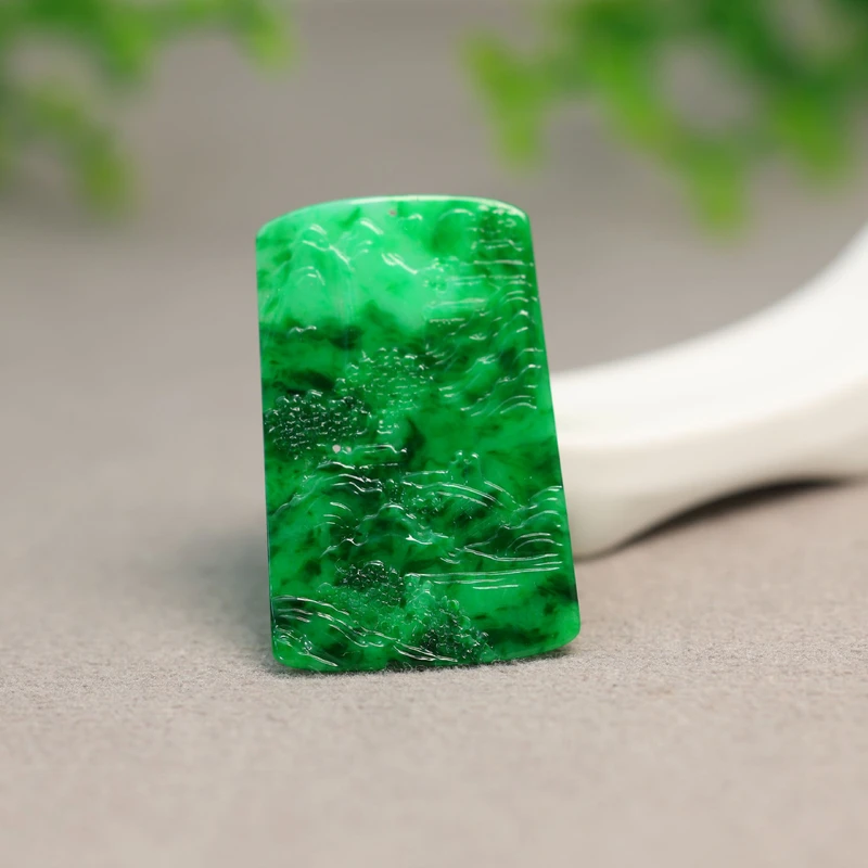 #I898老坑辣绿缅甸天然A货翡翠山水风景牌子吊坠挂坠