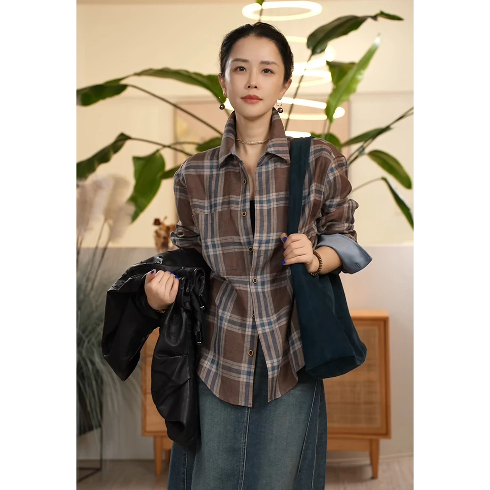 X【叭哒不惑】麦穗 亚麻复古格子长袖衬衫翻领宽松休闲百搭上衣