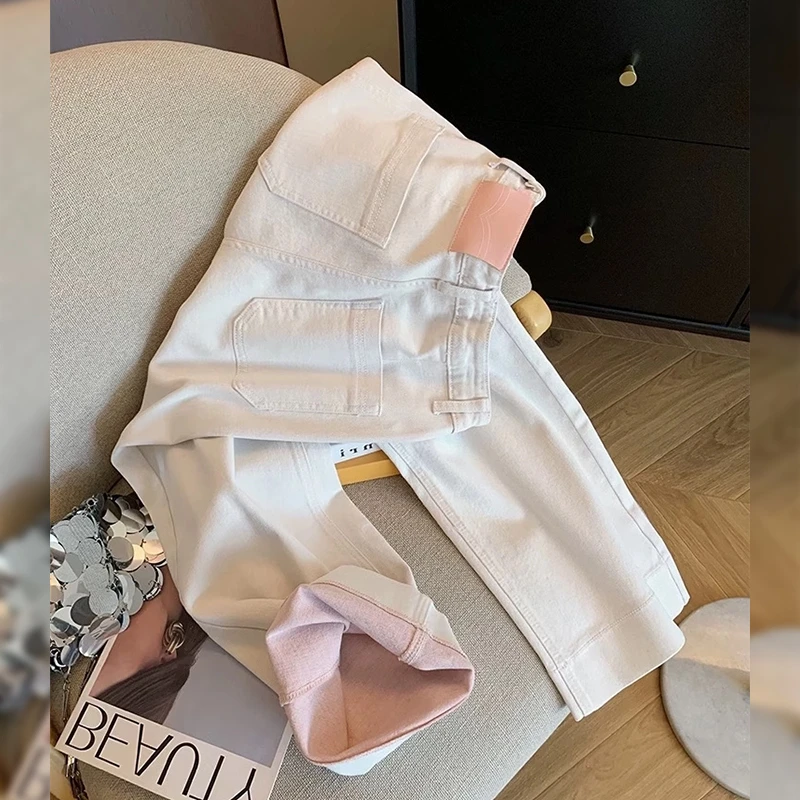 白桃色高腰韩版直筒牛仔裤女2025春季新款小个子显瘦百搭阔腿裤潮