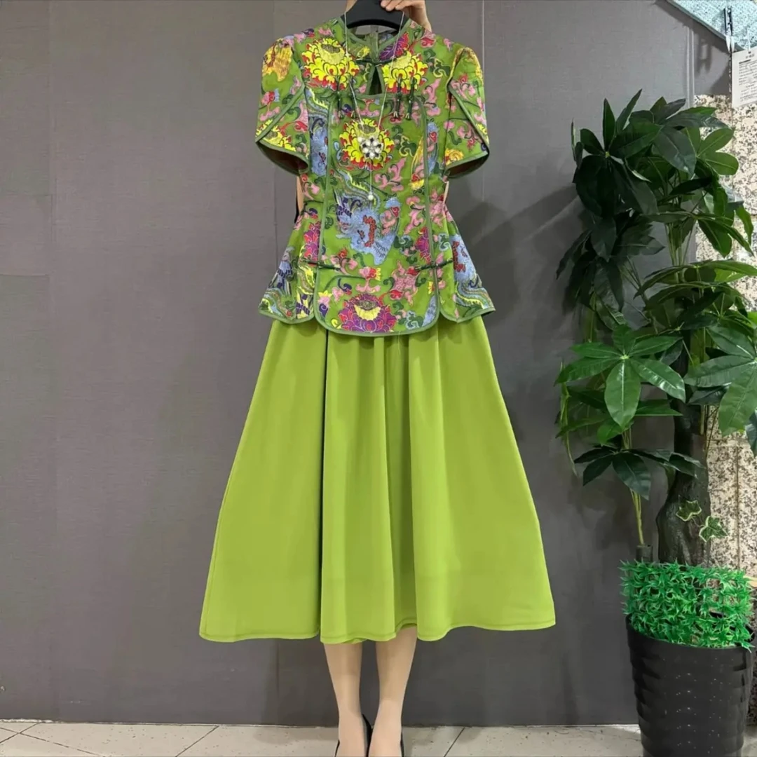 芃芃9651夏季新款大码女装新中式国风盘扣花色上衣+半身裙俩件套
