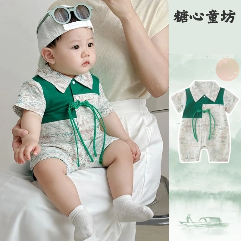 婴儿衣服夏季新生儿宝宝夏装中国风短袖连体衣洋气新中式外出哈衣