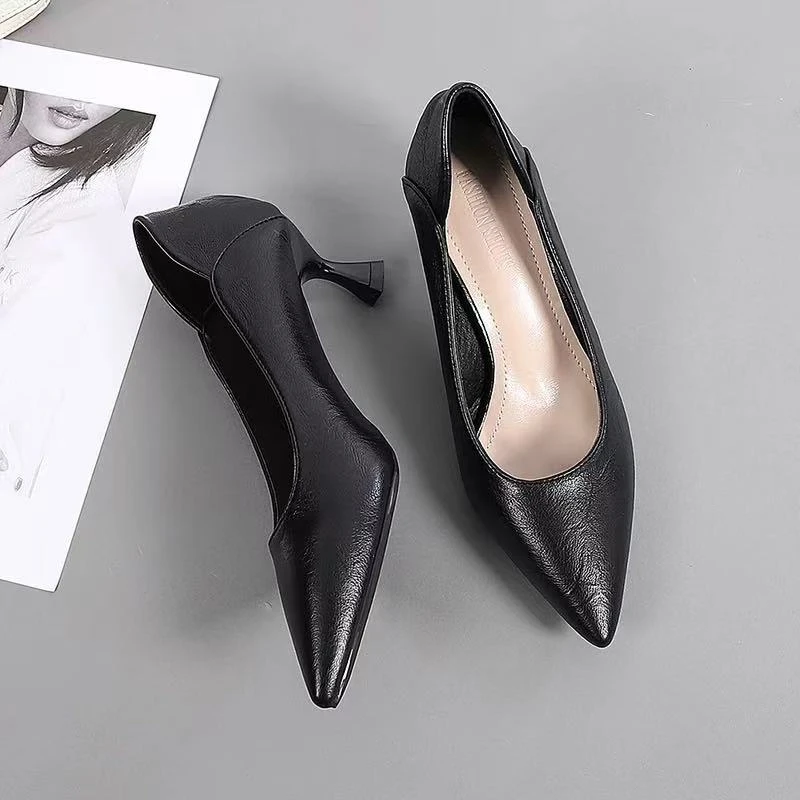 工作鞋女软底黑色高跟鞋细跟职业装尖头低跟软皮工装舒适上班单鞋