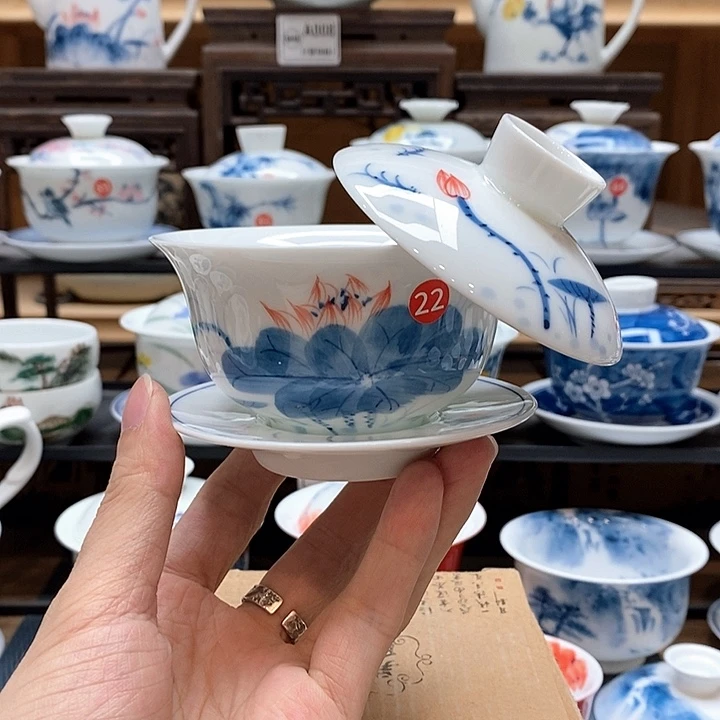 手绘荷花悬停盖碗150cc釉下彩微瑕福利款