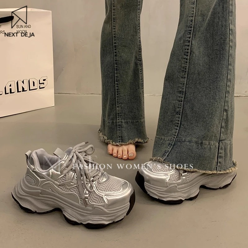 爆款松糕厚底老爹鞋女秋季小个子增高2025新款银色百搭休闲运动鞋