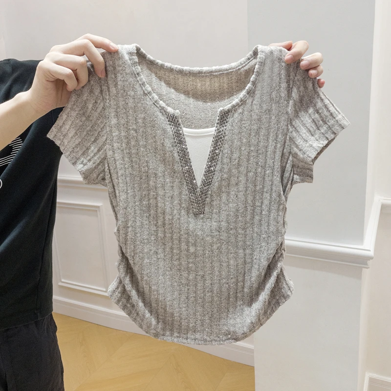 微胖mm大码女装夏季爆款百搭V领短袖t恤正肩上衣女胖mm显瘦遮肉