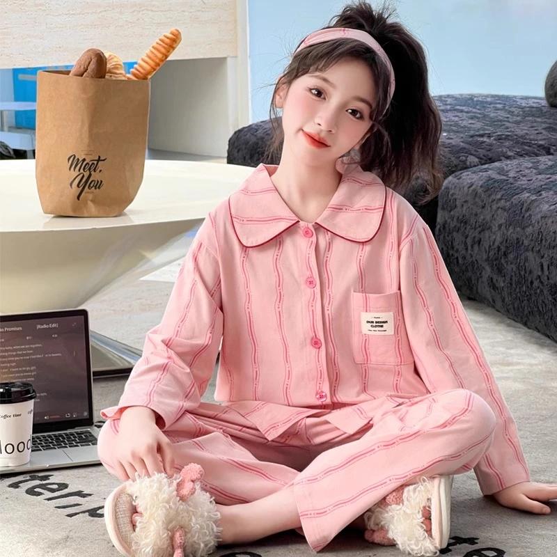 女童睡衣春秋纯棉2025新款早秋女孩长袖套装儿童高端公主风家居服