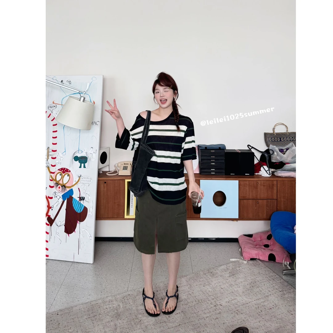 【东欧之旅】美式复古多口袋高腰前开叉工装半身裙(送腰带）