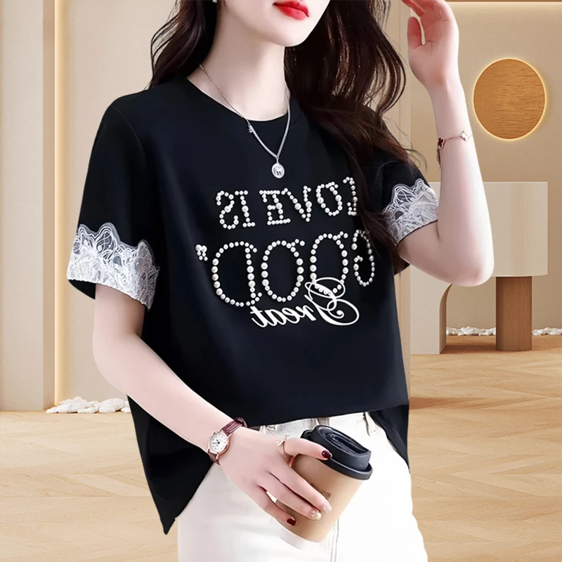 设计感女士遮肉T恤夏季纯棉显瘦短袖韩版时尚减龄蕾丝拼接上衣女