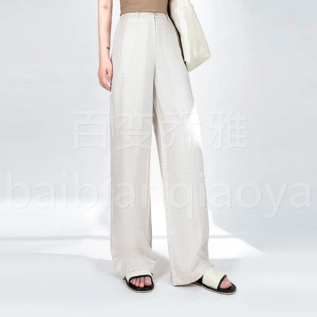 夏季新款亚麻垂感休闲舒适高腰裤9066