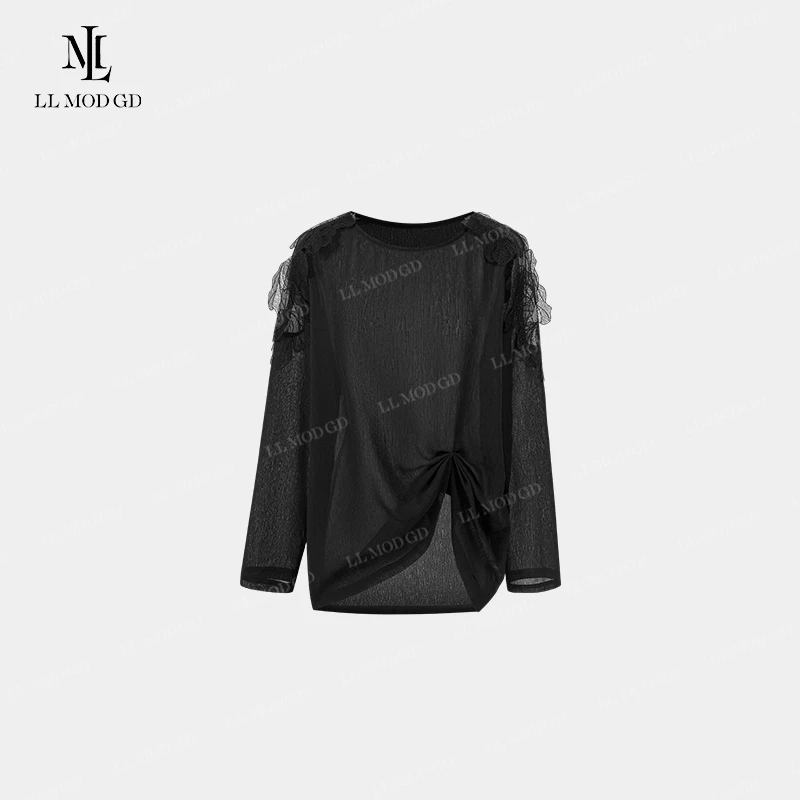 雾墨花海 一字领微透钩花蕾丝不规则T恤洋气不规则减龄LL-261603