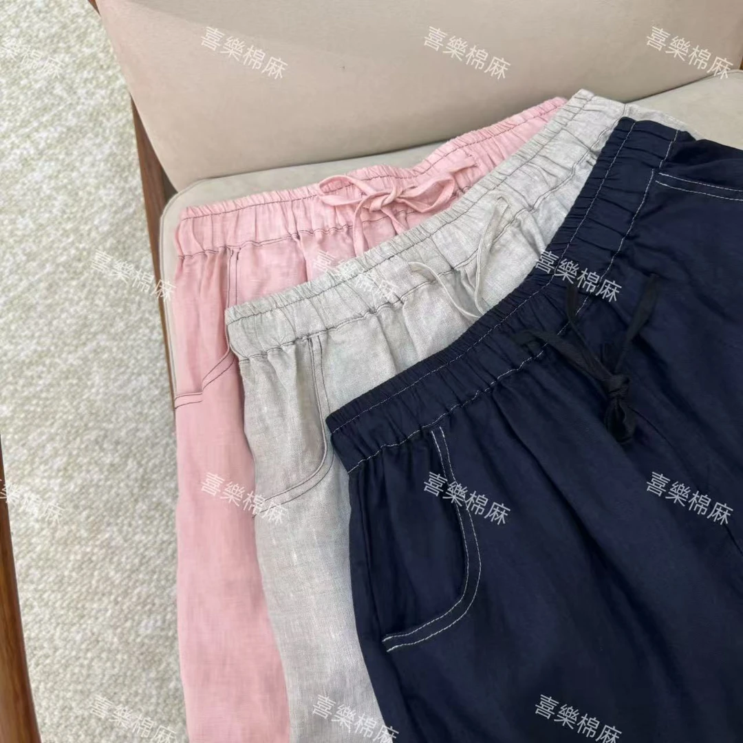 喜樂  2025纯亚麻明线短裤夏季新款时尚百搭文艺简约薄款松紧女士