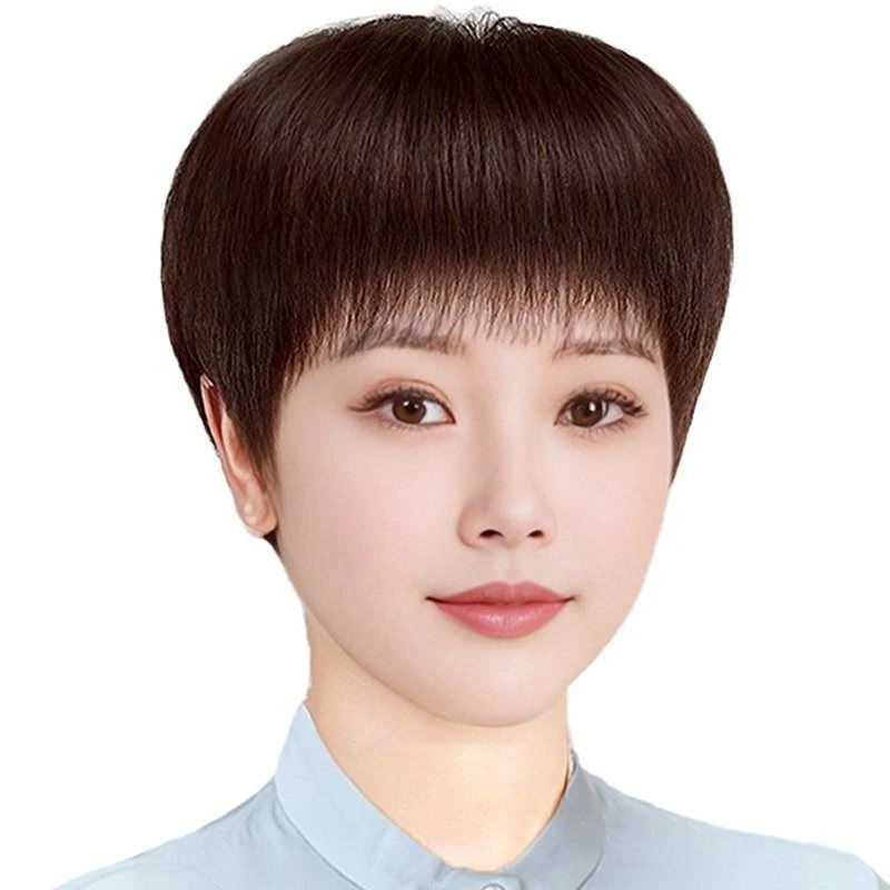 中老年假发女短发短直发真人发丝全头套自然轻薄透气夏季全头套
