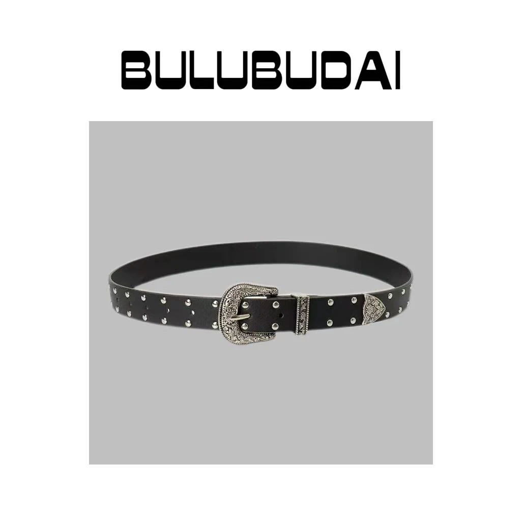 复古百搭辣妹双排铆钉雕花扣时尚皮带