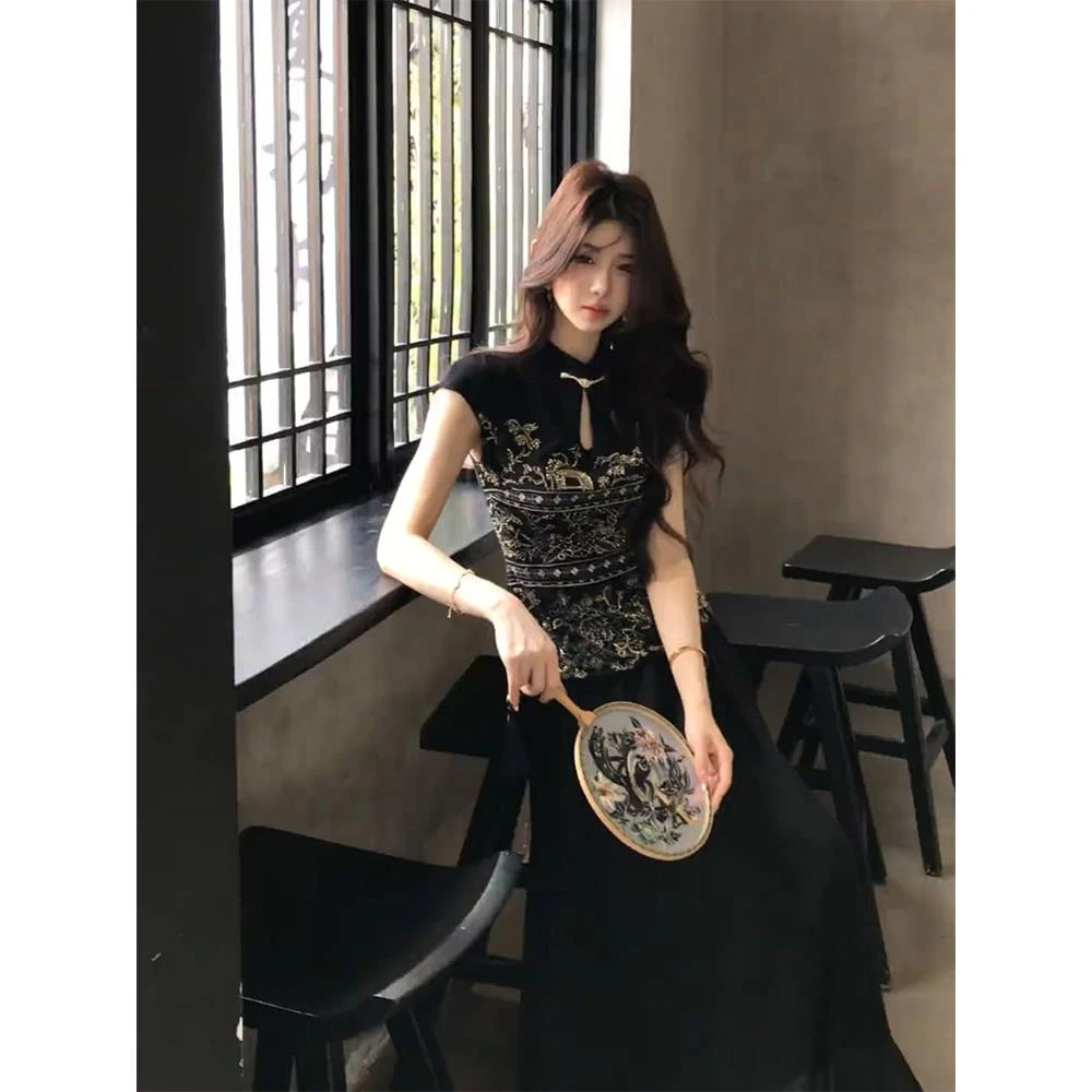 新中式女装国风改良版旗袍连衣裙短袖上衣半身裙两件套女2025新款