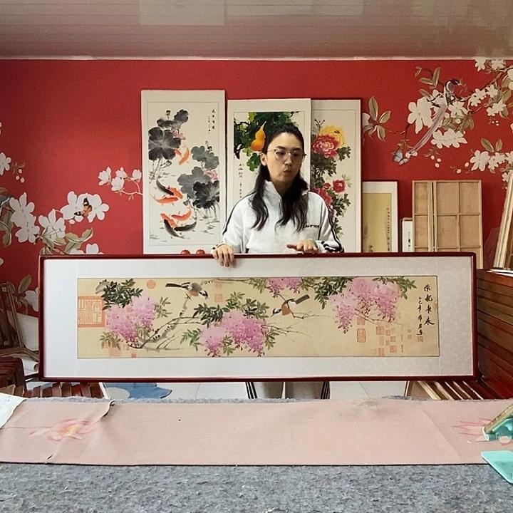 国画手写手绘国画作品带框包邮47✖️162