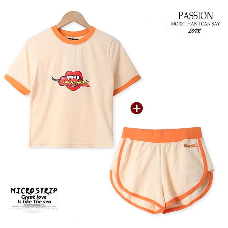 HH927 女士运动套装圆领短袖短裤时尚装印花修身显瘦透气简约风