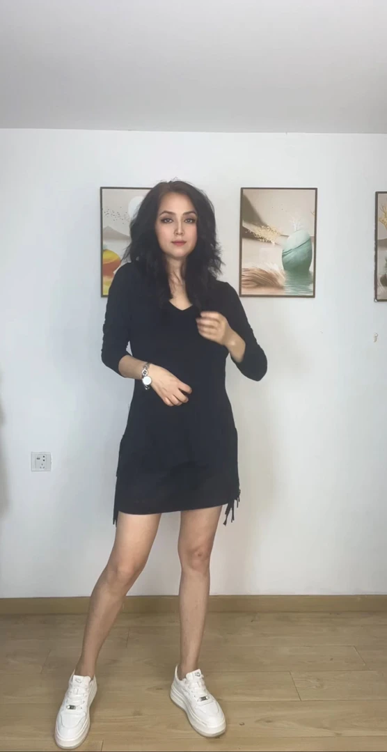 垂坠感遮臀女T恤时尚女士套头长袖中长款V领黑色常规款