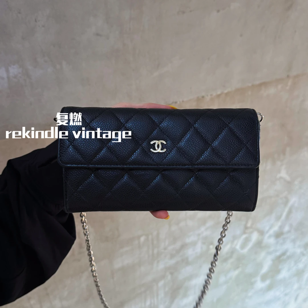95新 Chanel/香奈儿 复燃精选/黑银长款鱼子酱手拿包后配链条