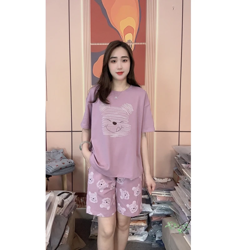 睡衣女夏季新款纯棉短袖短裤休闲可外穿家居服套装（线条维尼）