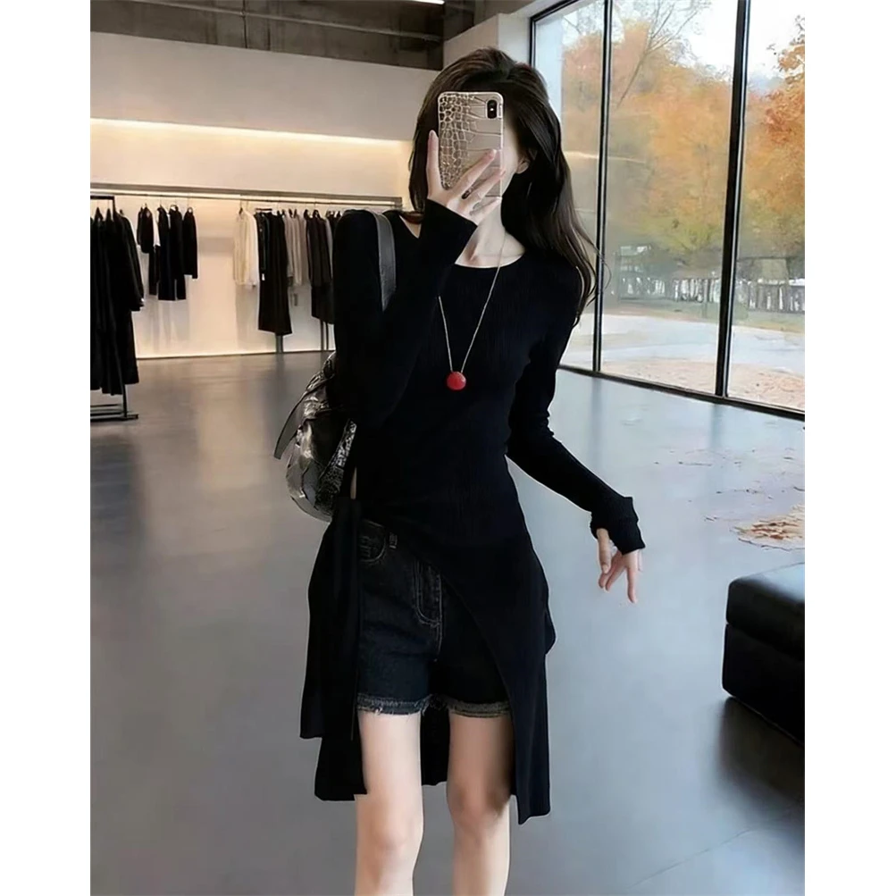 INS CEC黑色不规则开叉长袖针织衫秋冬穿搭中长款可外穿内搭上衣