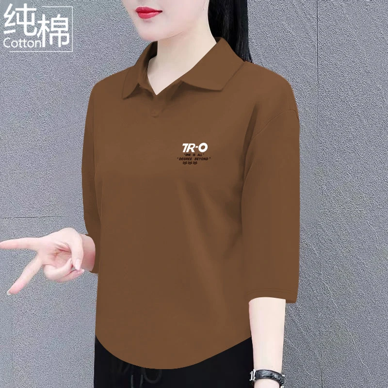 纯棉七分袖t恤女夏季新款翻领百搭宽松显瘦时尚洋polo领上衣